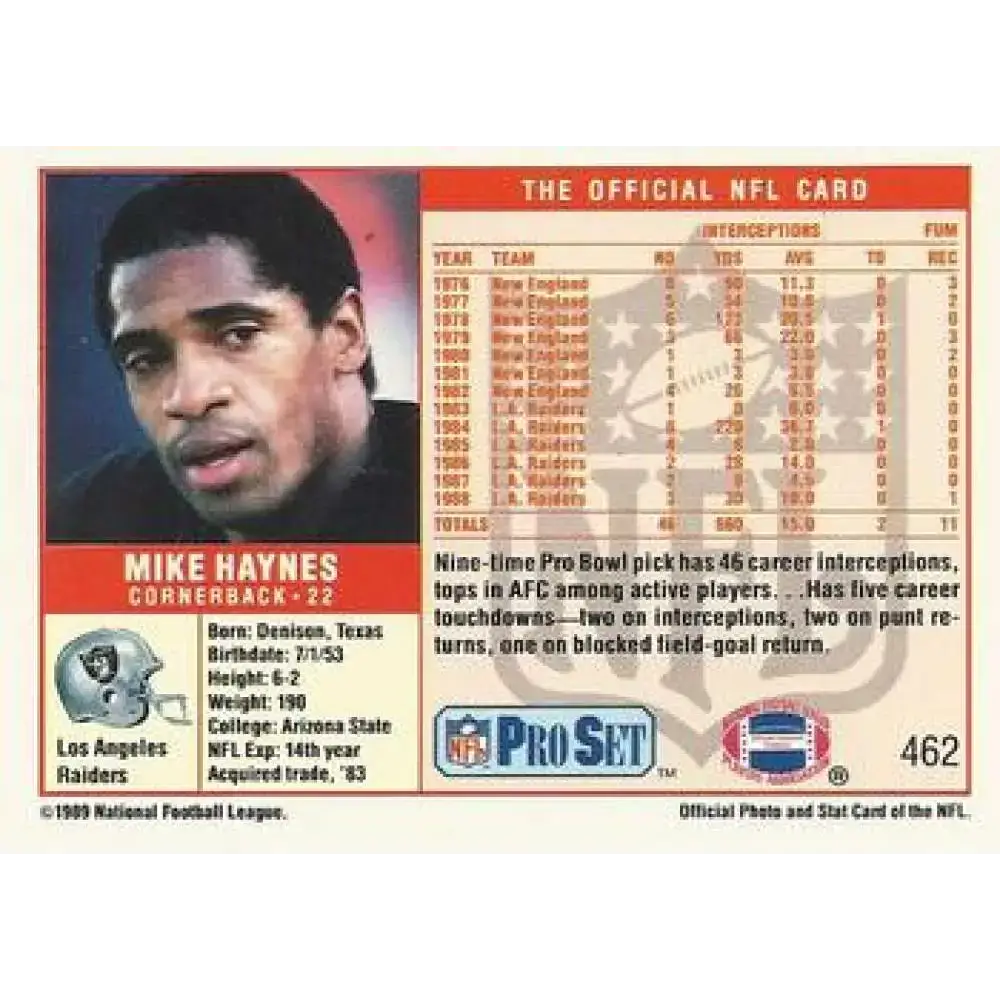 1989 Pro Set #462 Mike Haynes NM-MT Los Angeles Raiders Football Card - Football Card Single