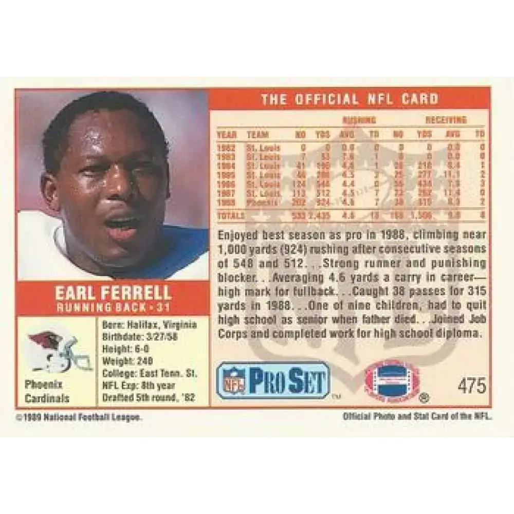 1989 Pro Set #475 Earl Ferrell NM-MT Phoenix Cardinals Football Card - Football Card Single