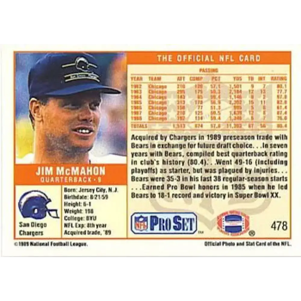 1989 Pro Set #478a Jim McMahon NM-MT San Diego Chargers Football Card - Football Card Single