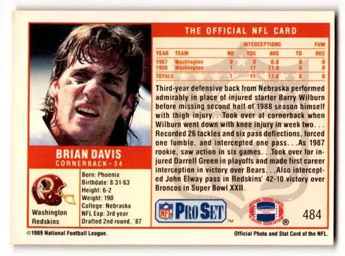 Original gloss Brian Davis Washington Redskins football card from 1989 Pro Set