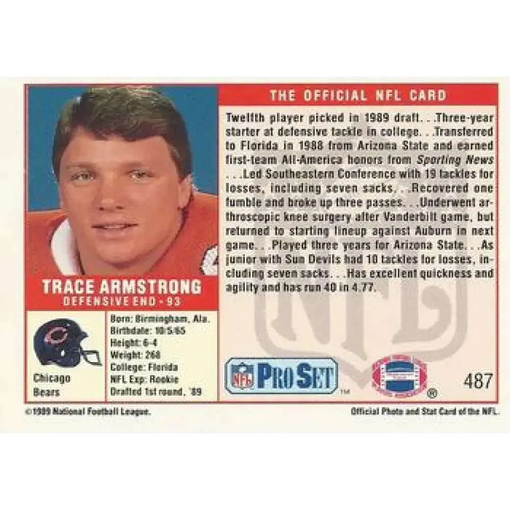 1989 Pro Set #487 Trace Armstrong NM-MT RC Rookie Chicago Bears Football Card - Football Card Single