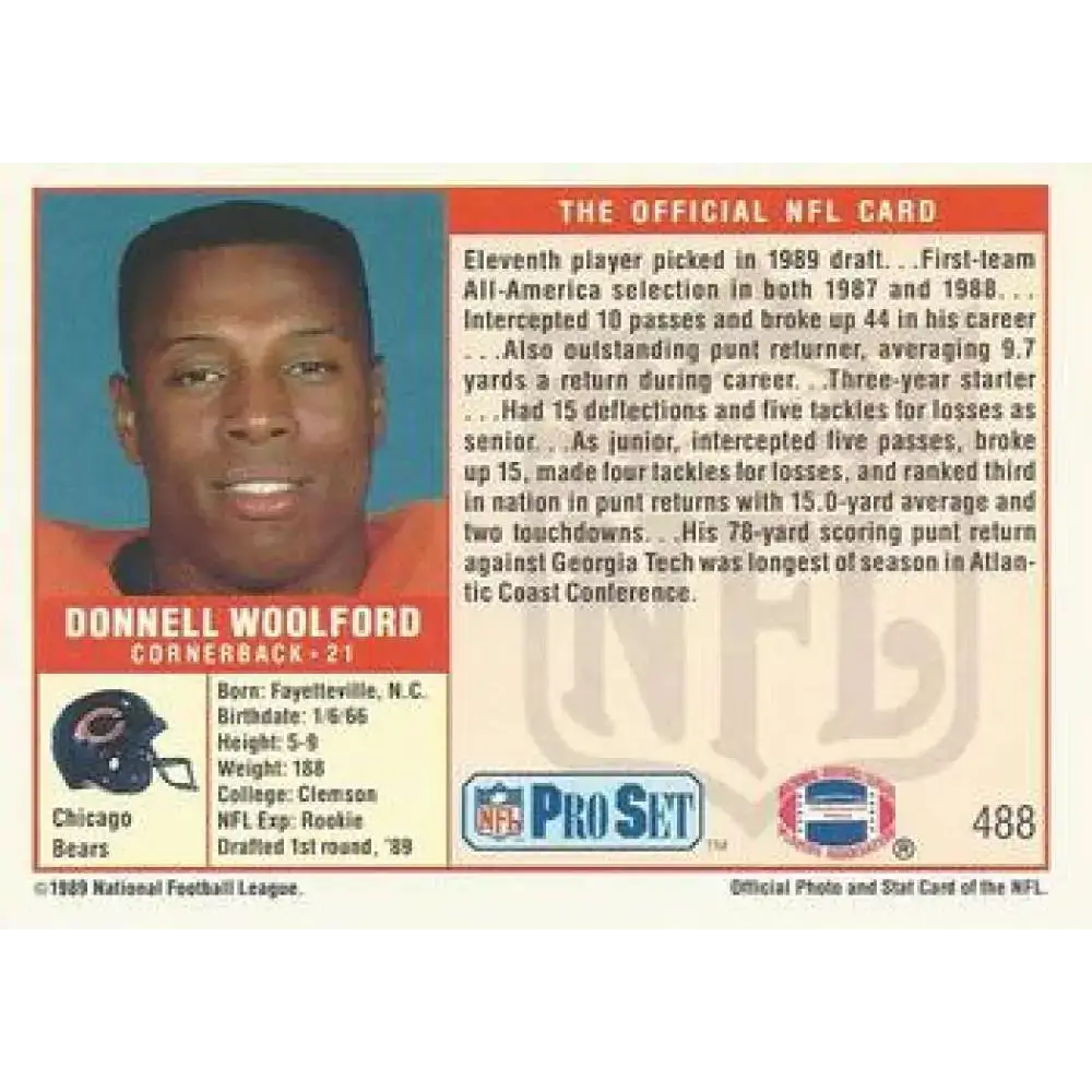 1989 Pro Set #488 Donnell Woolford NM-MT RC Rookie Chicago Bears Football Card - Football Card Single