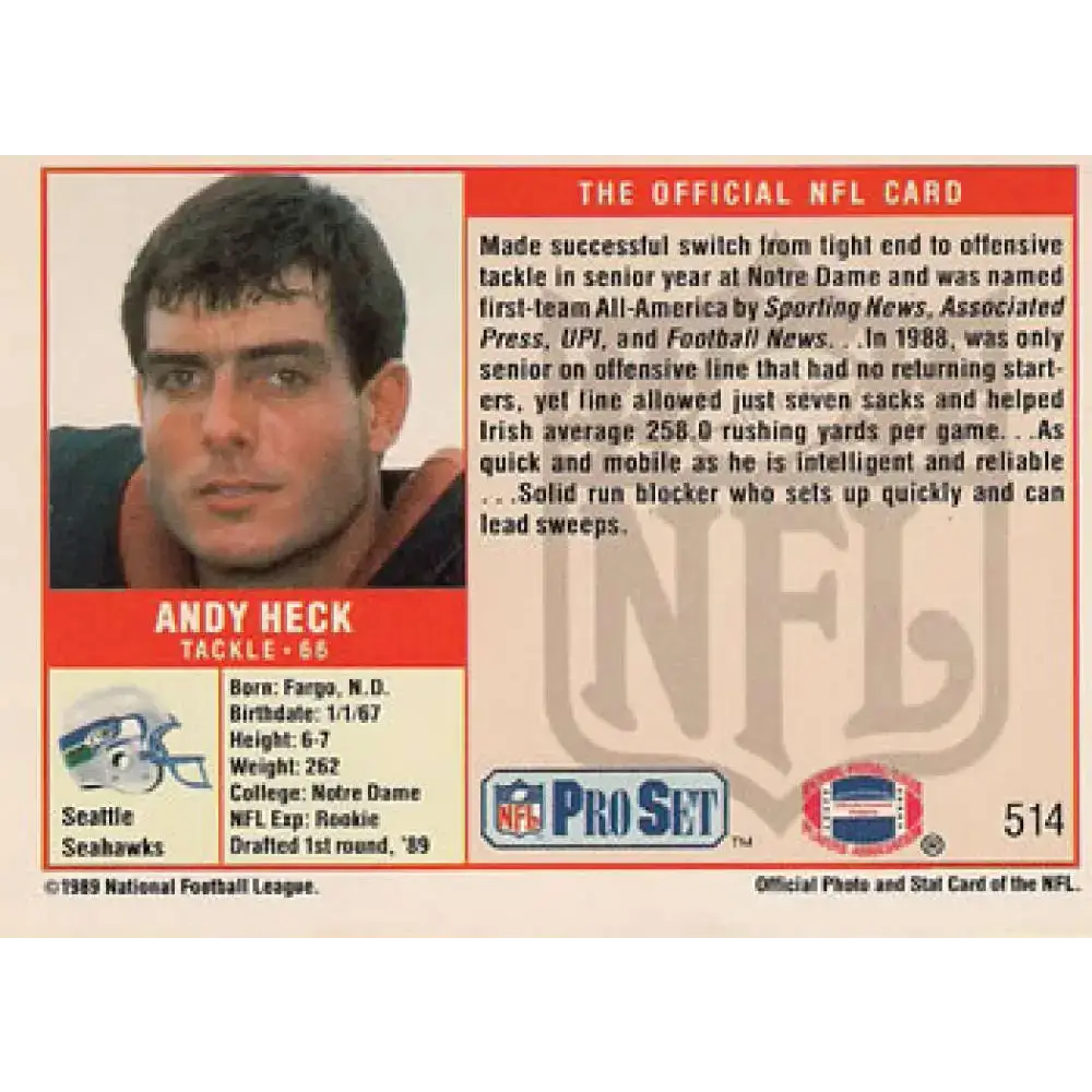 1989 Pro Set #514 Andy Heck NM-MT RC Rookie Seattle Seahawks Football Card - Football Card Single