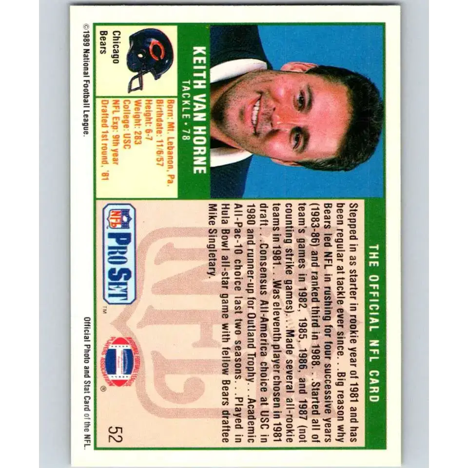 1989 Pro Set #52 Keith Van Horne NM-MT RC Rookie Chicago Bears Football Card