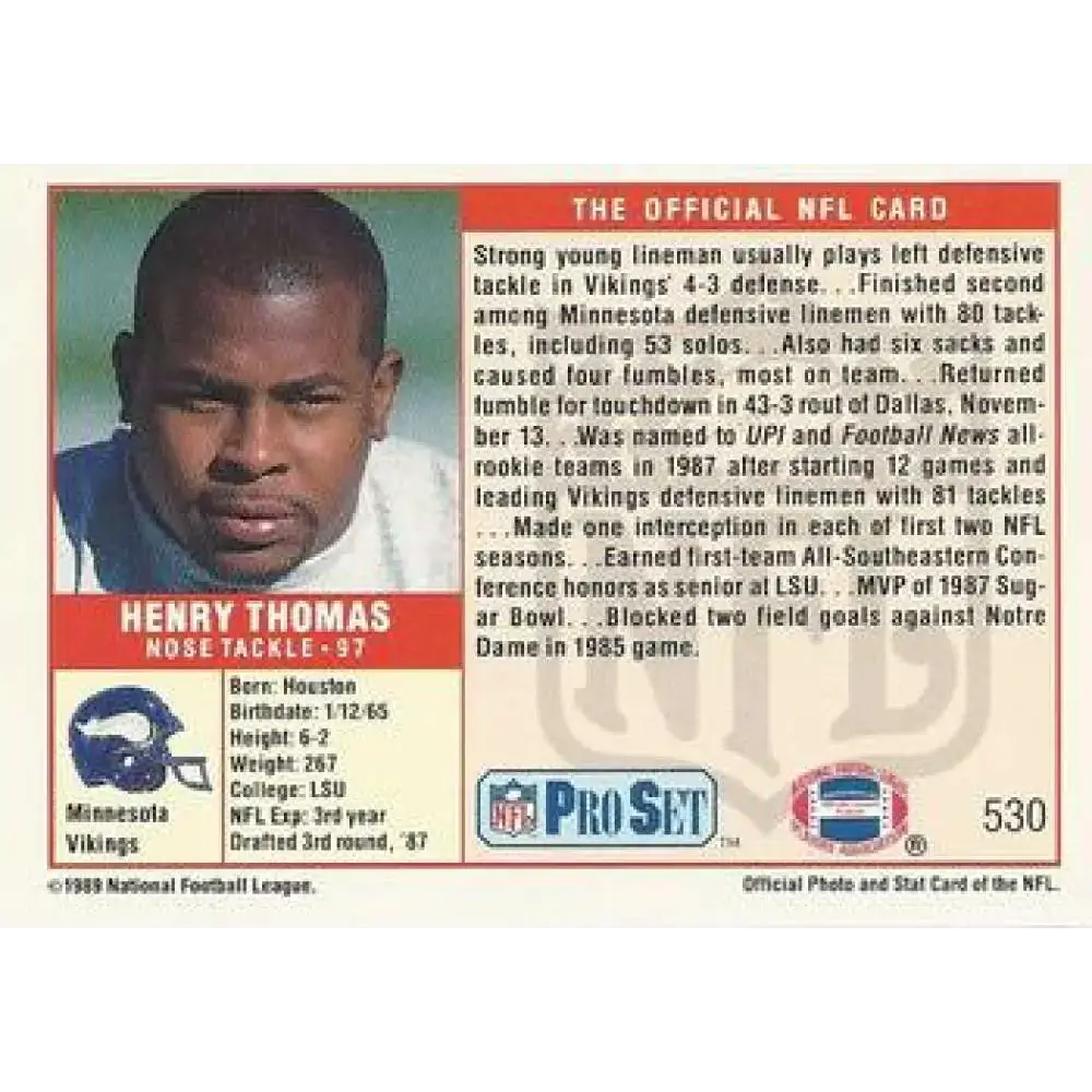 1989 Pro Set #530 Henry Thomas NM-MT Minnesota Vikings Football Card - Football Card Single
