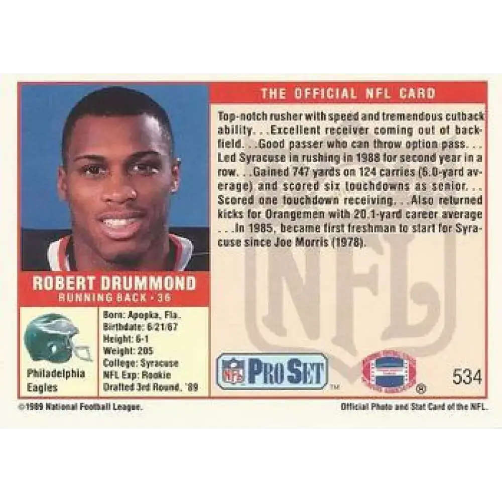 1989 Pro Set #534 Robert Drummond NM-MT Philadelphia Eagles Football Card - Football Card Single