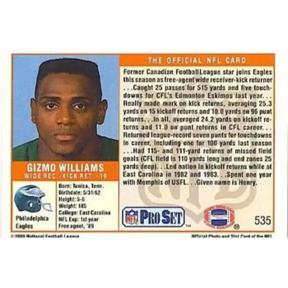 1989 Pro Set #535c Gizmo Williams NM-MT RC Rookie Philadelphia Eagles Football Card