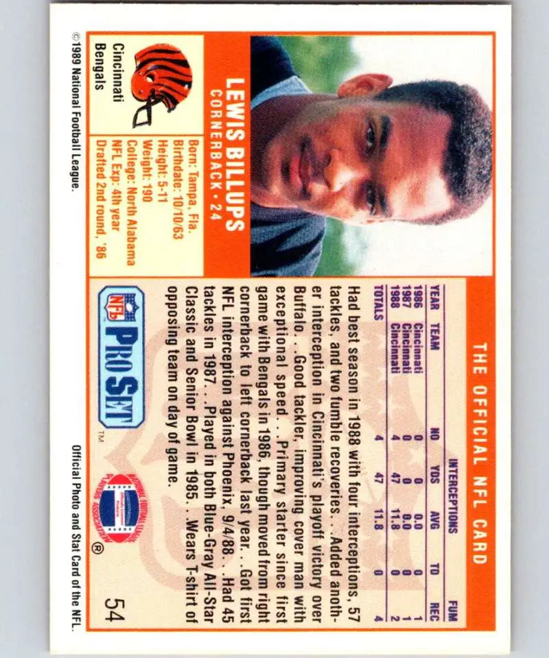 1989 Pro Set #54 Lewis Billups EX Excellent Cincinnati Bengals Football Card - Football Card Single