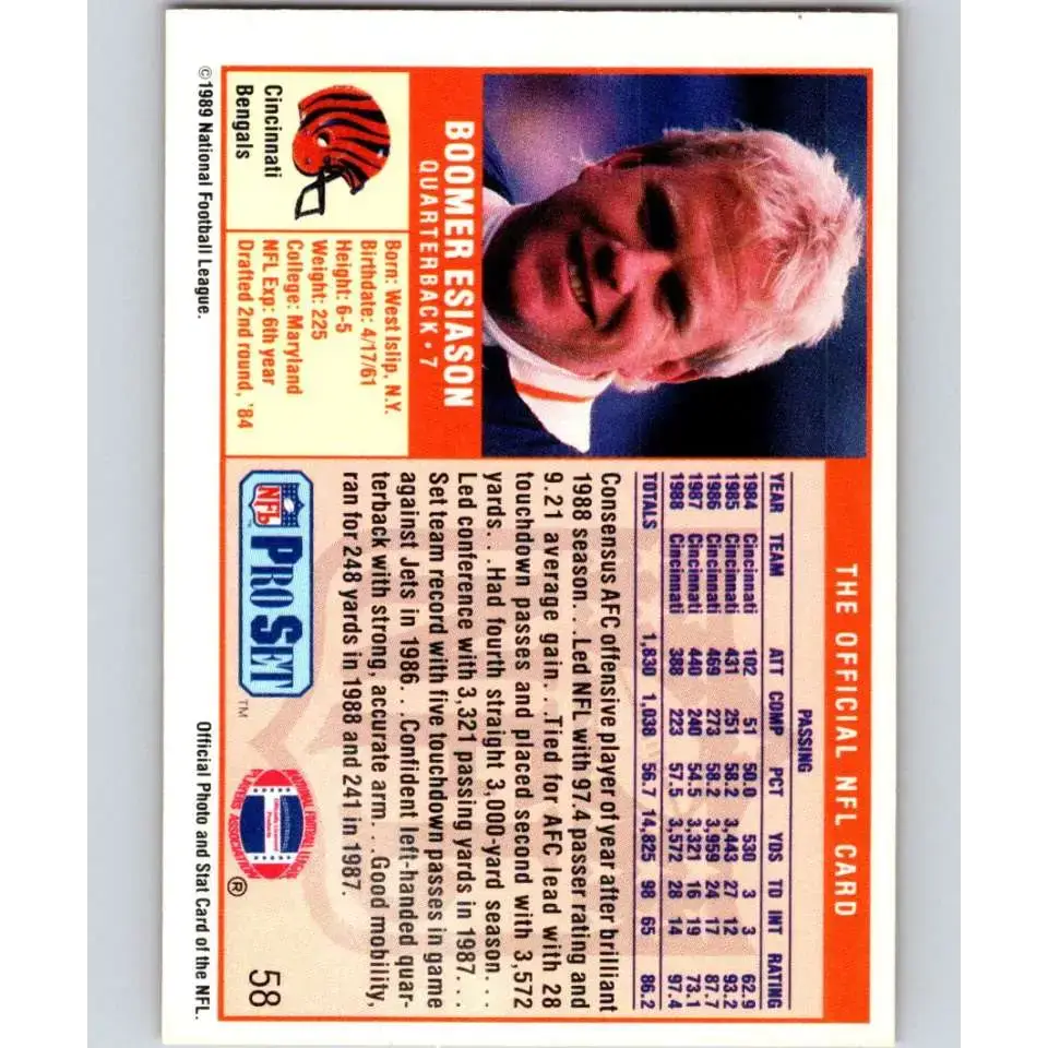 1989 Pro Set #58 Boomer Esiason NM-MT Cincinnati Bengals Football Card