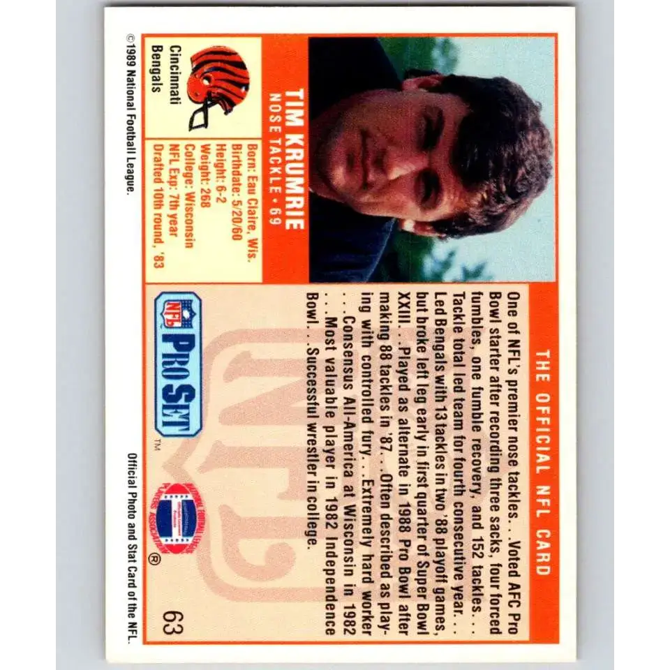 1989 Pro Set #63 Tim Krumrie NM-MT Cincinnati Bengals Football Card - Football Card Single