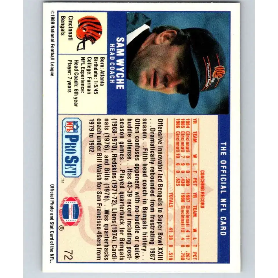 1989 Pro Set #72 Sam Wyche CO NM-MT Cincinnati Bengals Football Card - Football Card Single