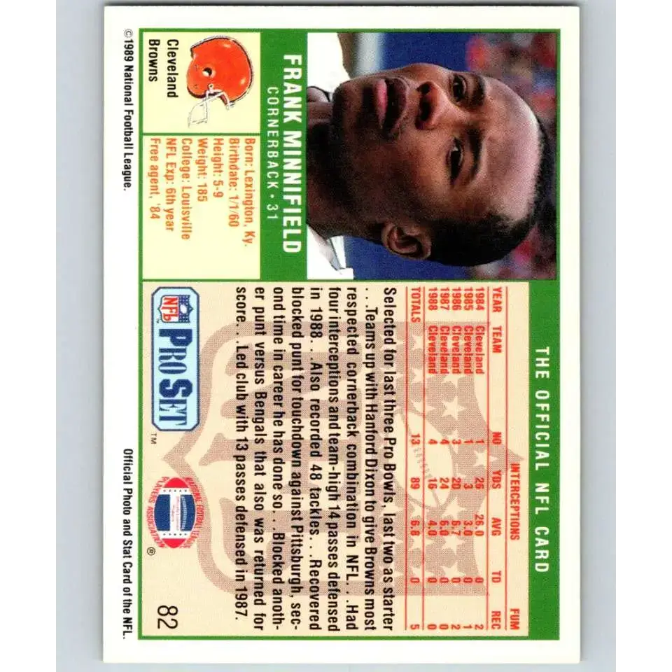 1989 Pro Set #82 Frank Minnifield NM-MT Cleveland Browns Football Card - Football Card Single