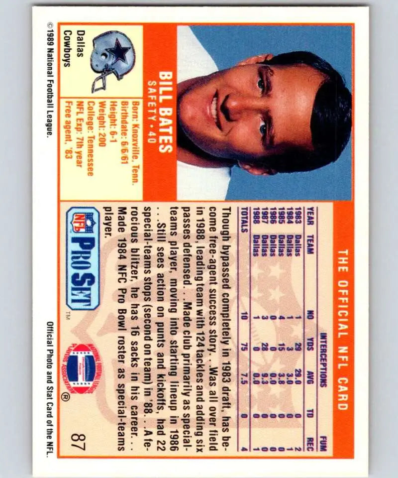 1989 Pro Set #87 Bill Bates EX Excellent Dallas Cowboys Football Card - Football Card Single