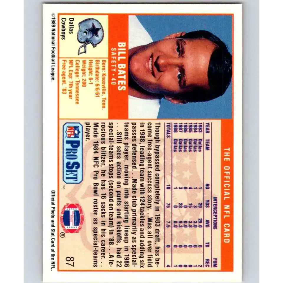 1989 Pro Set #87 Bill Bates NM-MT Dallas Cowboys Football Card