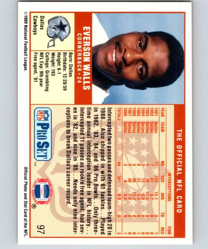 1989 Pro Set #97 Everson Walls EX Excellent Dallas Cowboys Football Card - Football Card Single
