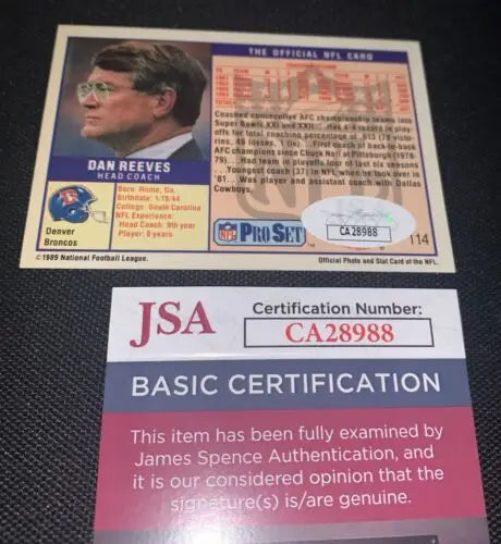 Autographed Dan Reeves Pro Set football card with JSA certification for Denver Broncos fans