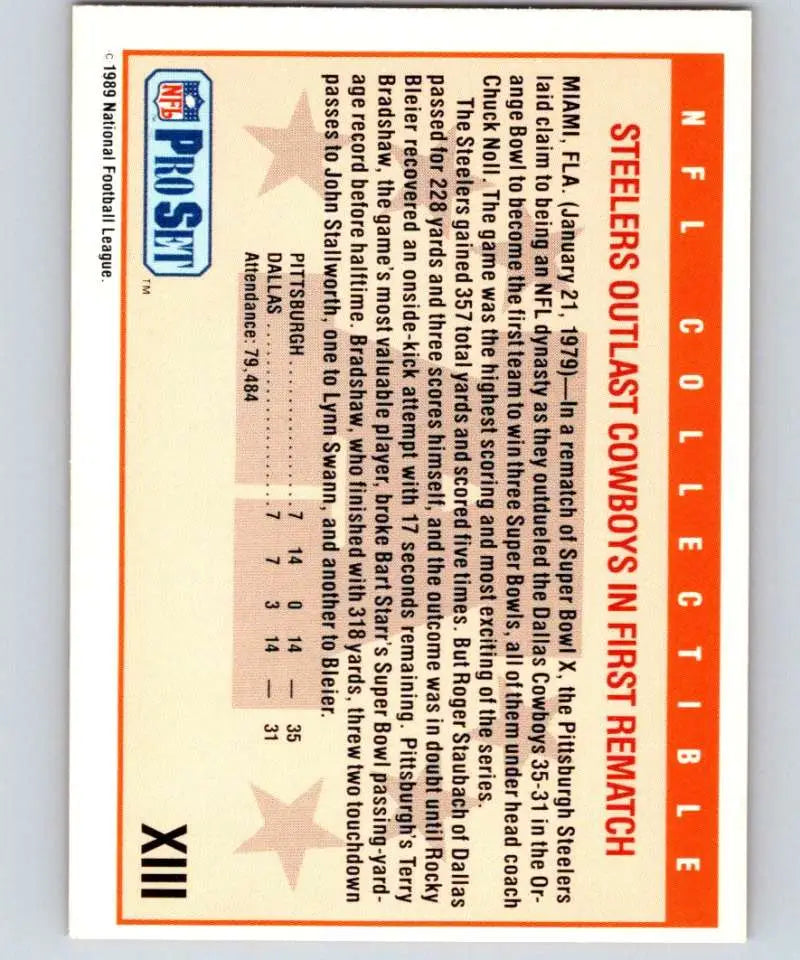 1989 Pro Set Super Bowl Logos #13 Super Bowl XIII EX Excellent Pittsburgh Steelers/Dallas Cowboys Football Card