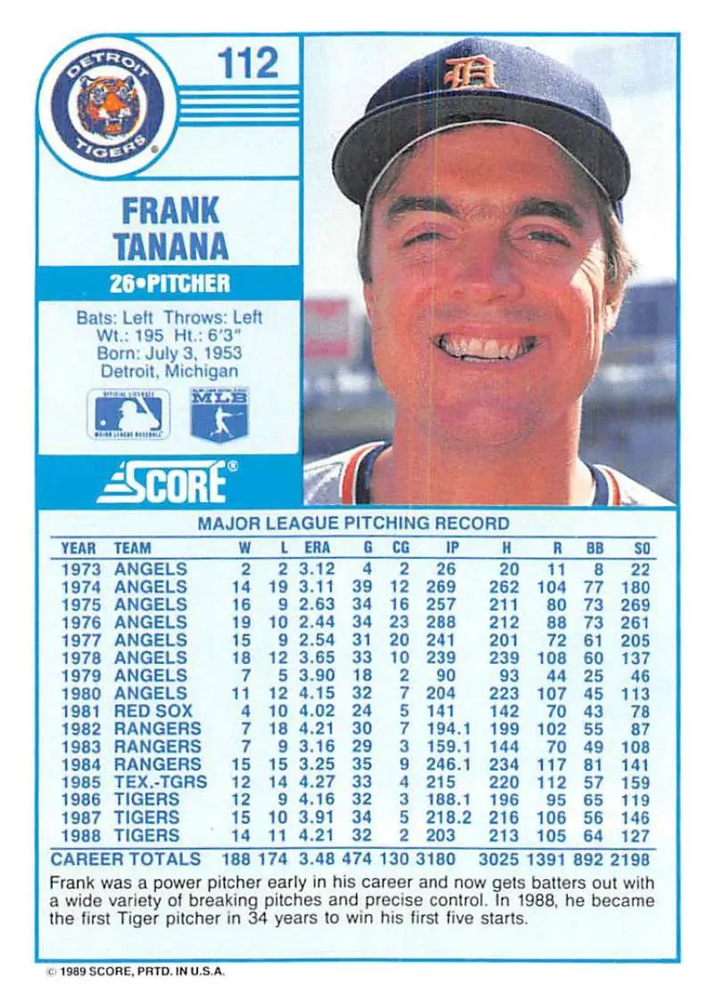 1989 Score #112 Frank Tanana NM-MT Detroit Tigers Baseball Card - Baseball Card Single