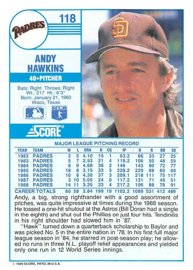 1989 Score #118 Andy Hawkins NM-MT San Diego Padres Baseball Card - Baseball Card Single