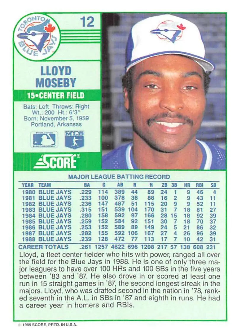 1989 Score #12 Lloyd Moseby NM-MT Toronto Blue Jays Baseball Card - Baseball Card Single
