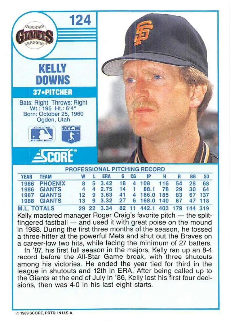 1989 Score #124 Kelly Downs NM-MT San Francisco Giants Baseball Card - Baseball Card Single