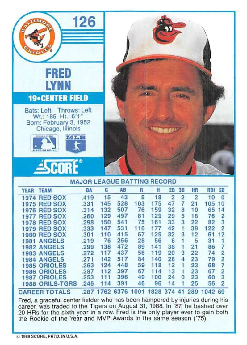 1989 Score #126 Fred Lynn NM-MT Baltimore Orioles Baseball Card - Baseball Card Single