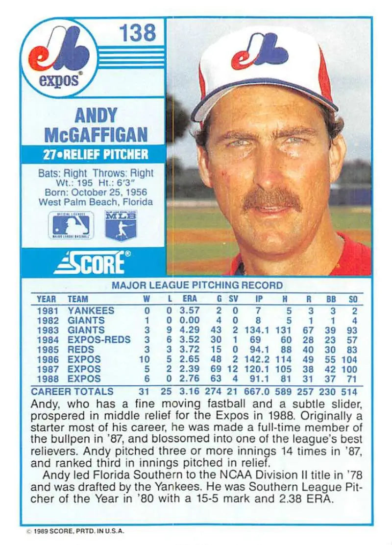 1989 Score #138 Andy McGaffigan NM-MT Montreal Expos Baseball Card - Baseball Card Single