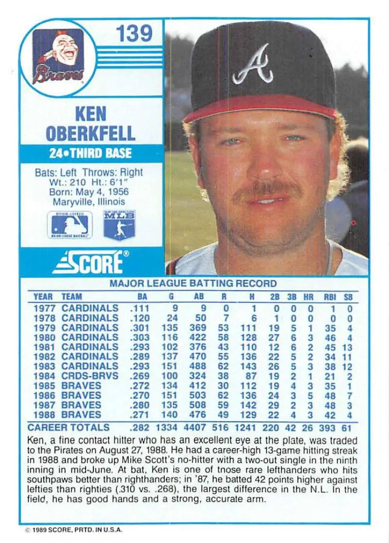 1989 Score #139 Ken Oberkfell NM-MT Atlanta Braves Baseball Card - Baseball Card Single