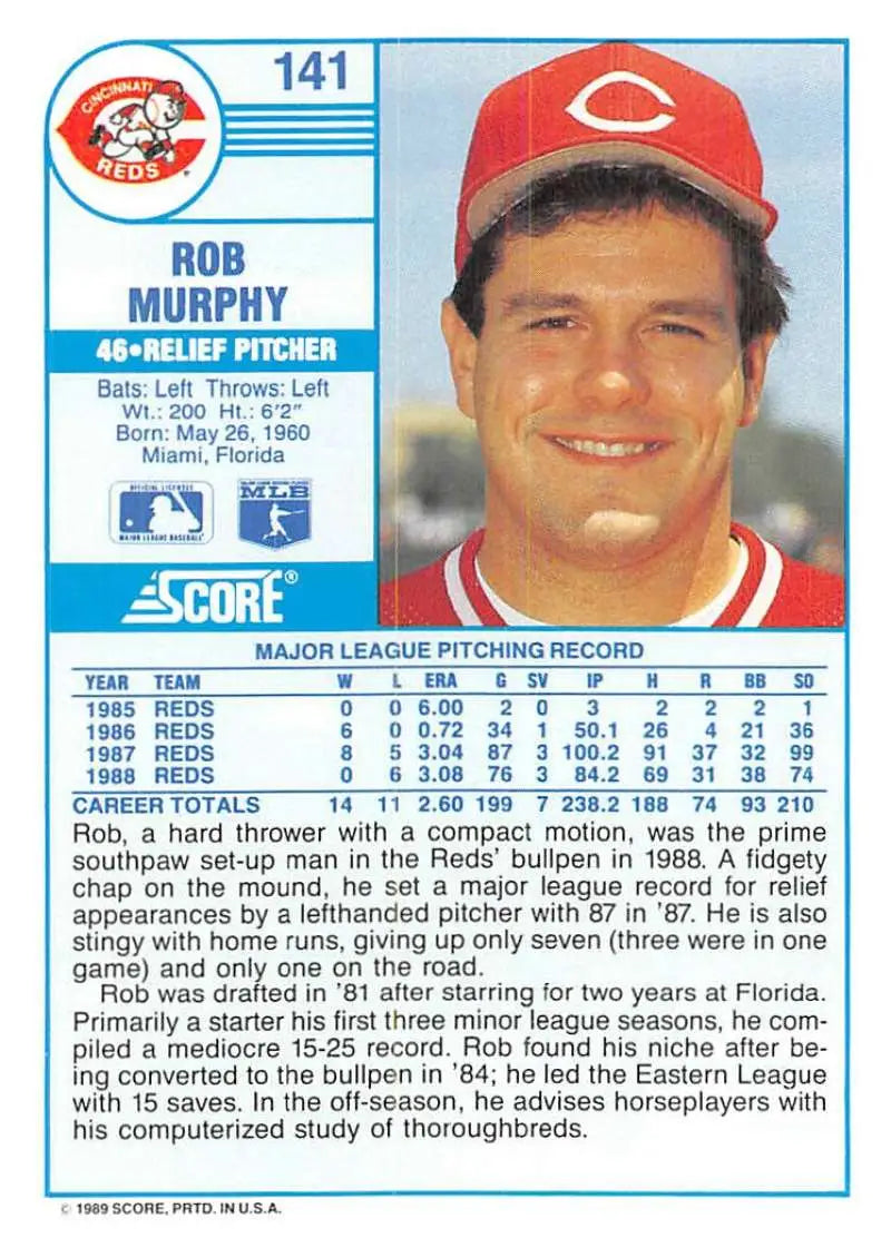 1989 Score #141 Rob Murphy NM-MT Cincinnati Reds Baseball Card - Baseball Card Single
