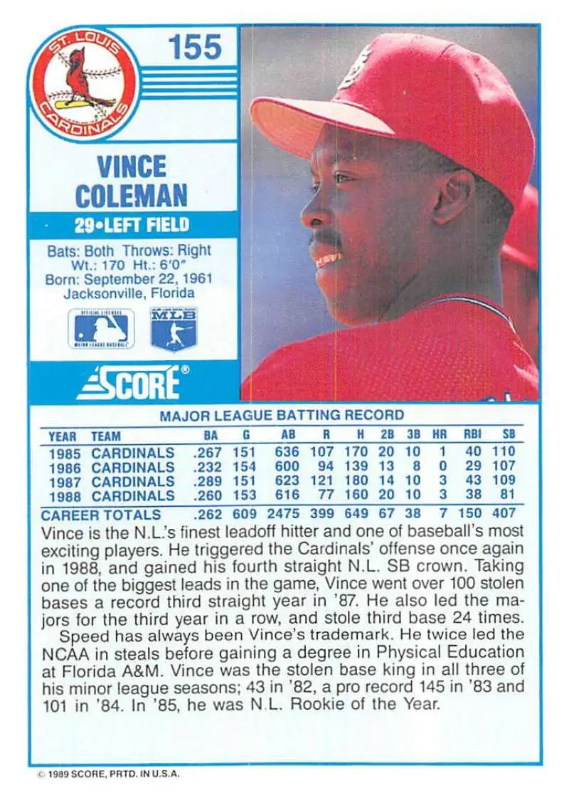 1989 Score #155 Vince Coleman NM-MT St. Louis Cardinals Baseball Card - Baseball Card Single