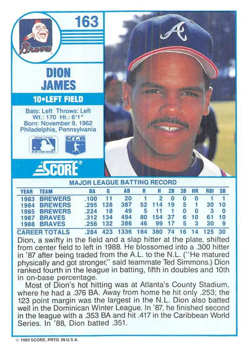 1989 Score #163 Dion James NM-MT Atlanta Braves Baseball Card - Baseball Card Single