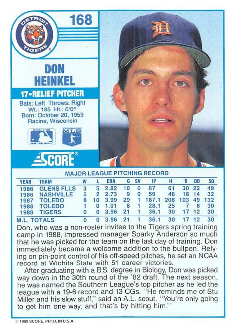 1989 Score #168 Don Heinkel NM-MT Detroit Tigers Baseball Card - Baseball Card Single