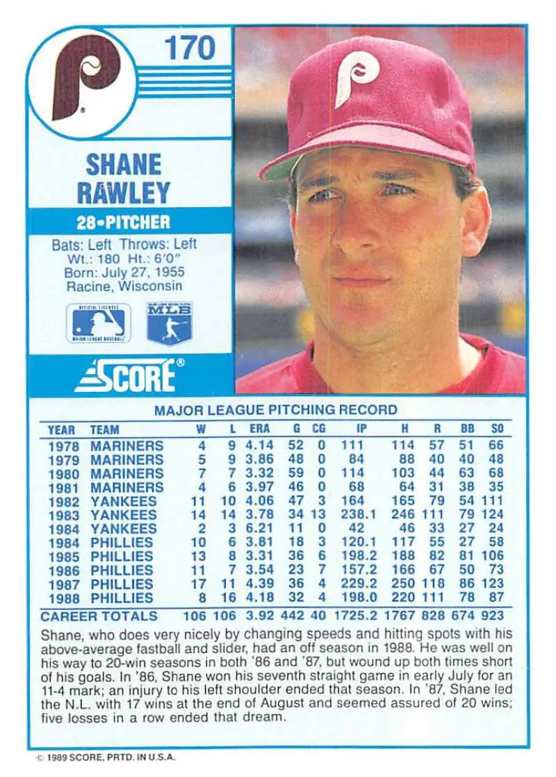 1989 Score #170 Shane Rawley NM-MT Philadelphia Phillies Baseball Card - Baseball Card Single