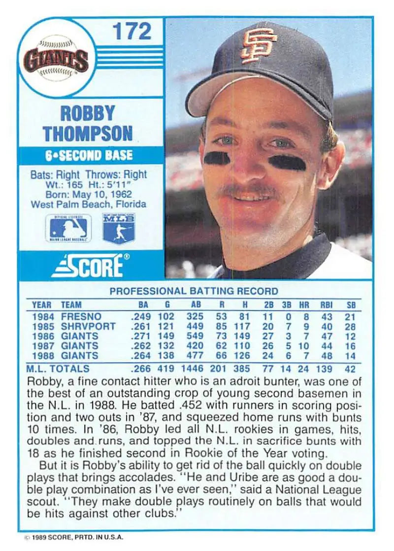 1989 Score #172 Robby Thompson NM-MT San Francisco Giants Baseball Card - Baseball Card Single