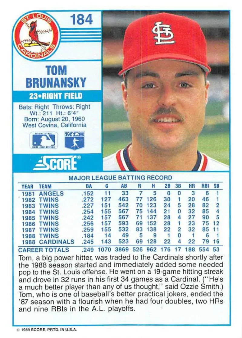 1989 Score #184 Tom Brunansky NM-MT St. Louis Cardinals Baseball Card - Baseball Card Single