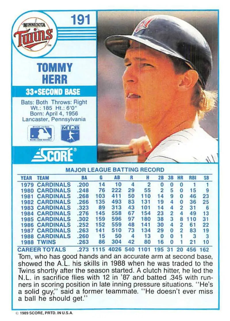 1989 Score #191 Tom Herr NM-MT Minnesota Twins Baseball Card - Baseball Card Single