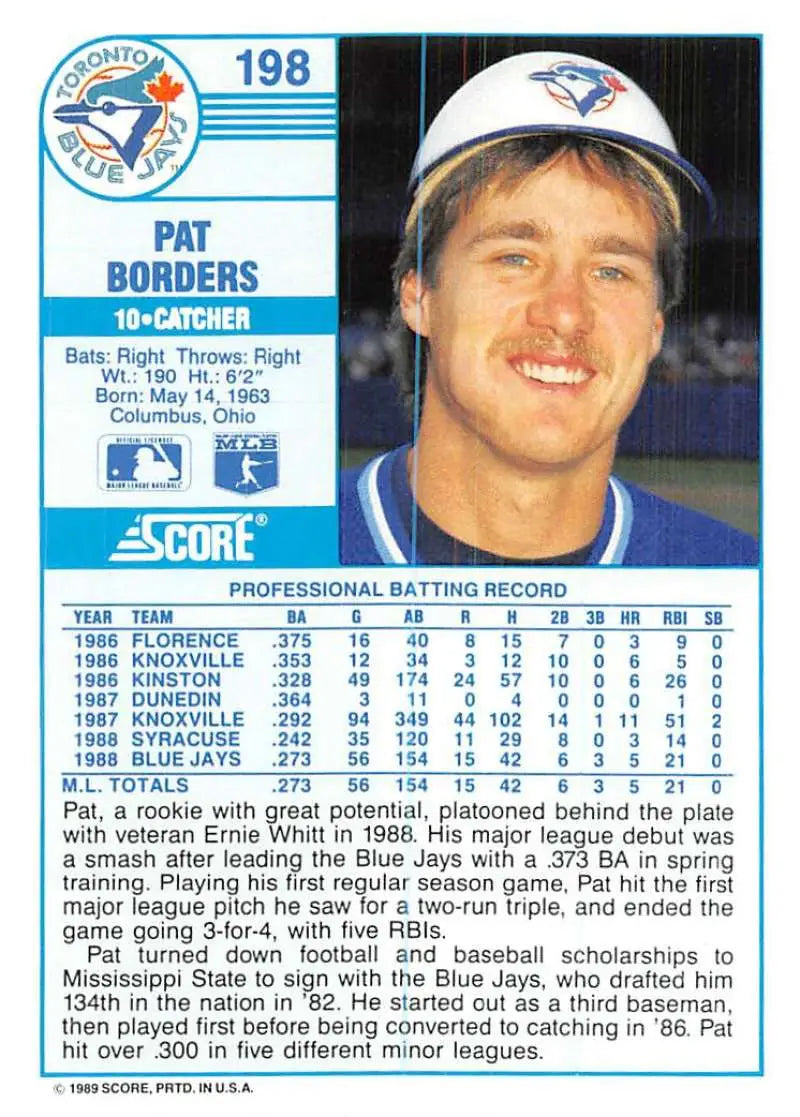 1989 Score #198 Pat Borders NM-MT Toronto Blue Jays Baseball Card - Baseball Card Single