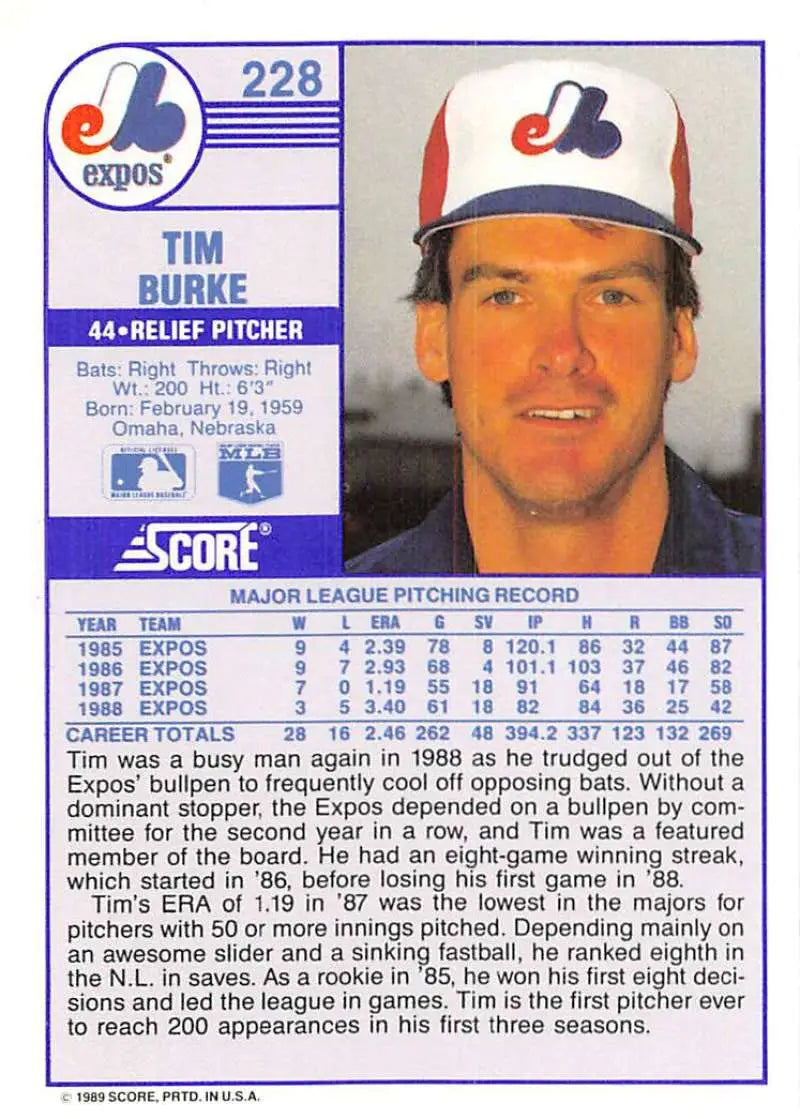 1989 Score #228 Tim Burke NM-MT Montreal Expos Baseball Card - Baseball Card Single