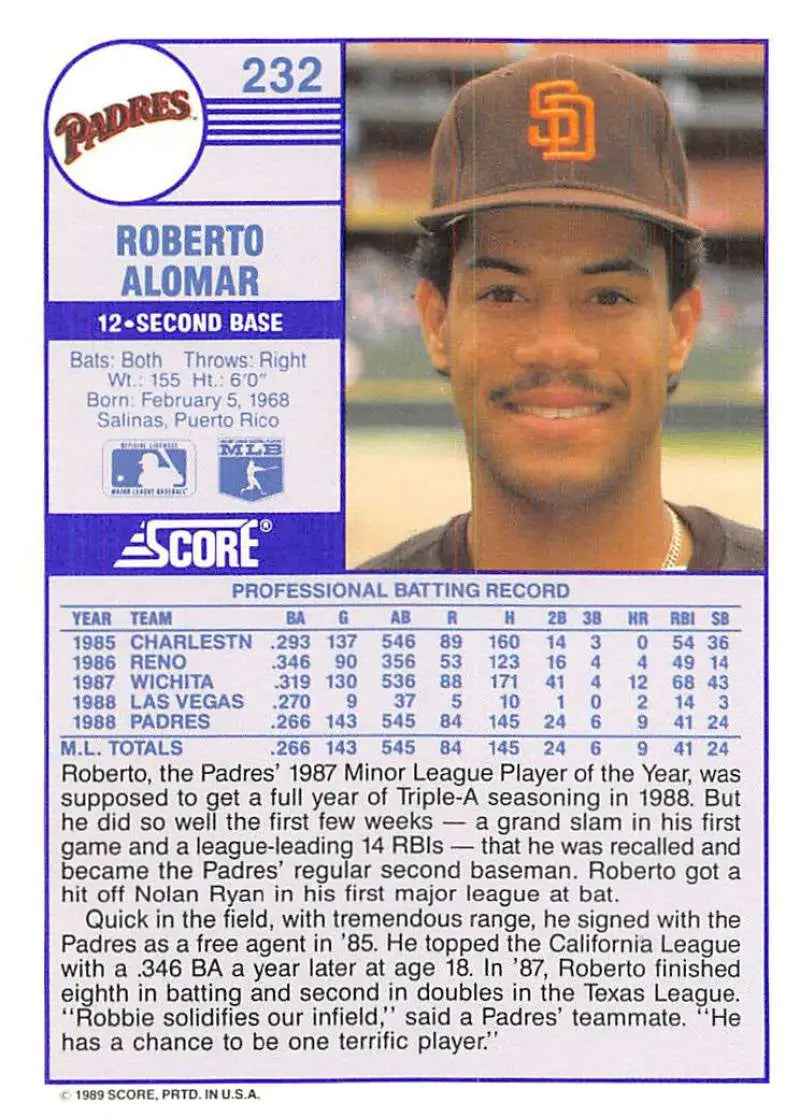 1989 Score #232 Roberto Alomar NM-MT San Diego Padres Baseball Card - Baseball Card Single