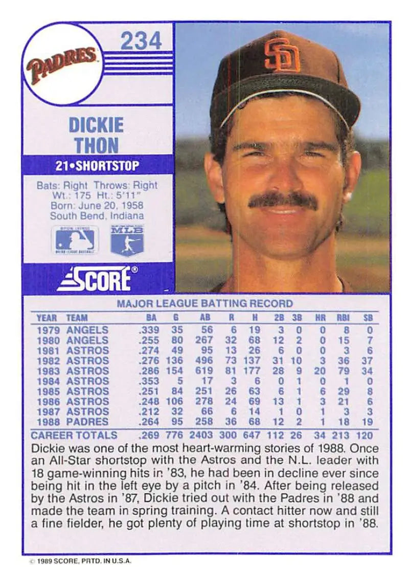 1989 Score #234 Dickie Thon NM-MT San Diego Padres Baseball Card - Baseball Card Single