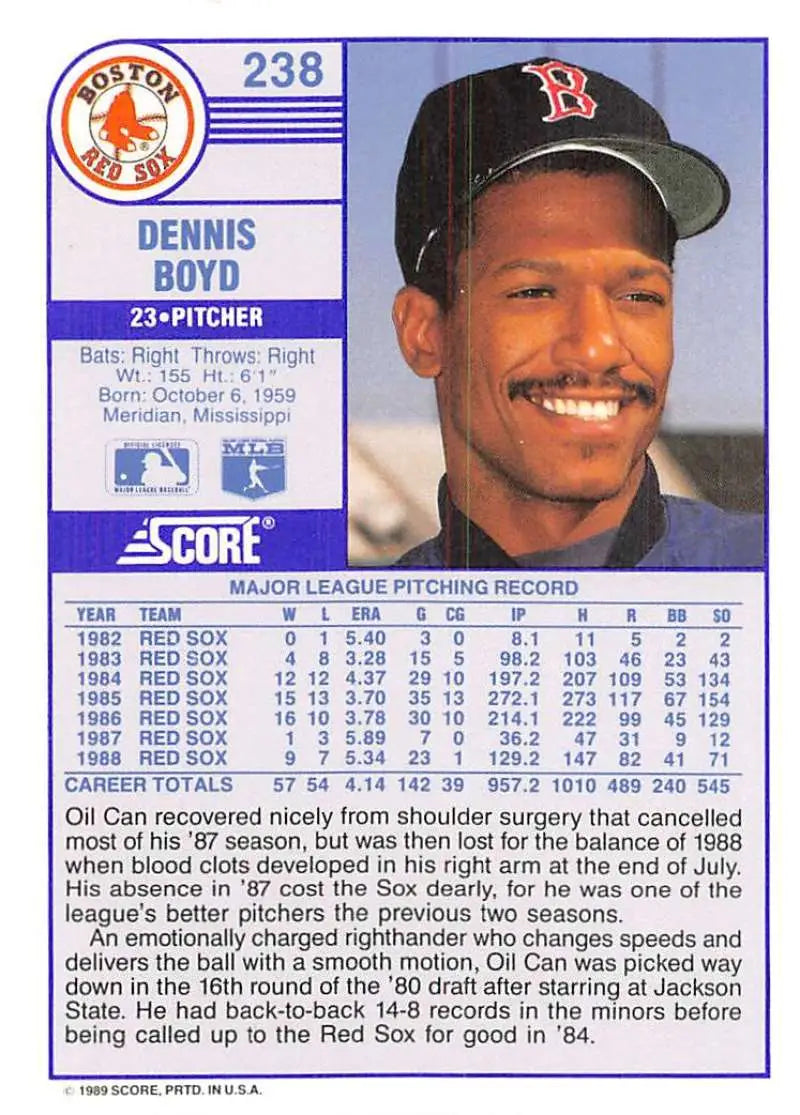 1989 Score #238 Oil Can Boyd NM-MT Boston Red Sox Baseball Card - Baseball Card Single