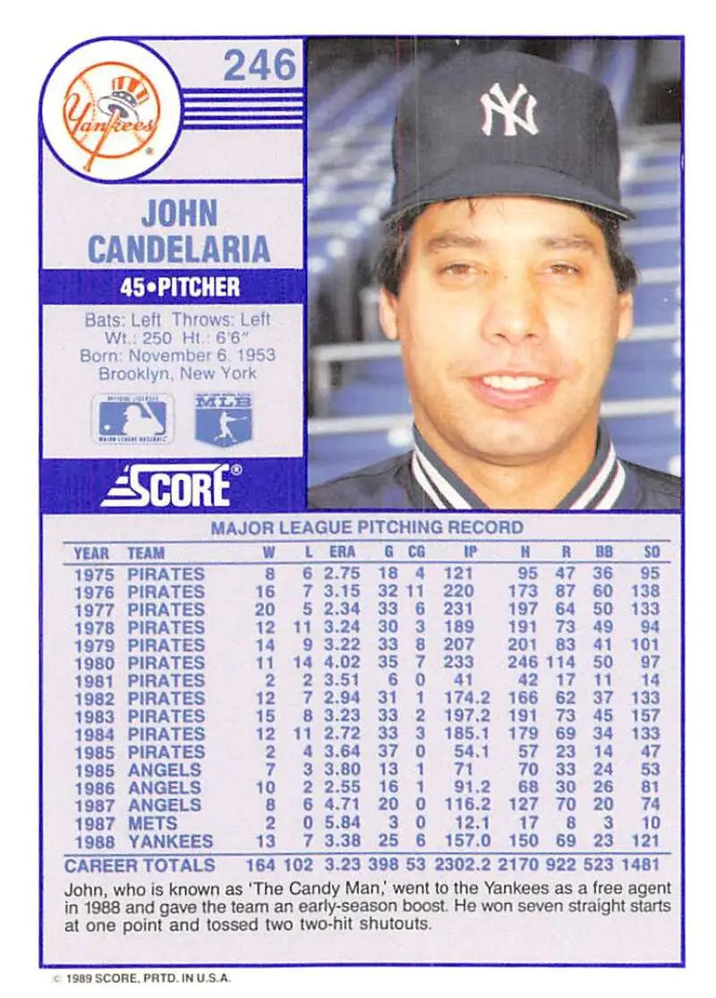 1989 Score #246 John Candelaria NM-MT New York Yankees Baseball Card - Baseball Card Single