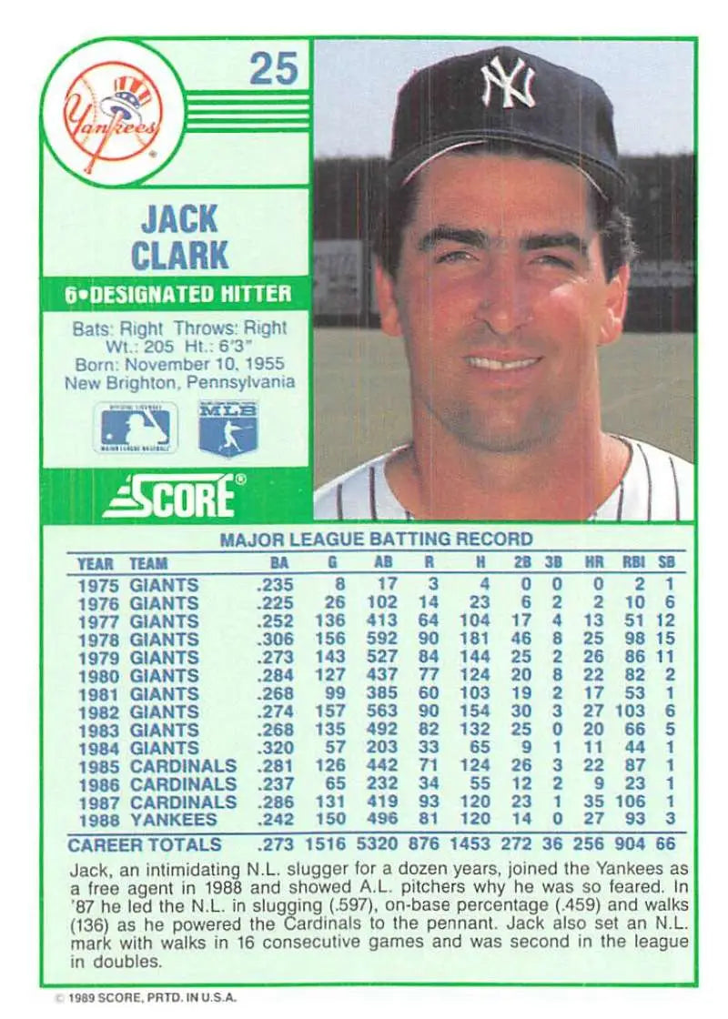 1989 Score #25 Jack Clark NM-MT New York Yankees Baseball Card - Baseball Card Single