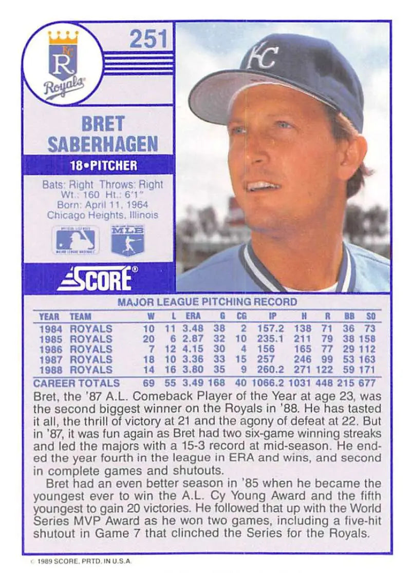 1989 Score #251 Bret Saberhagen NM-MT Kansas City Royals Baseball Card - Baseball Card Single