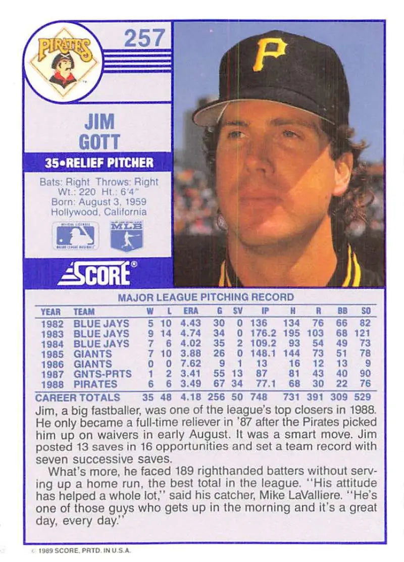 1989 Score #257 Jim Gott NM-MT Pittsburgh Pirates Baseball Card - Baseball Card Single