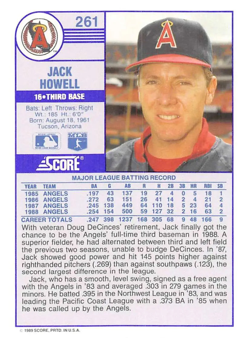 1989 Score #261 Jack Howell NM-MT California Angels Baseball Card - Baseball Card Single