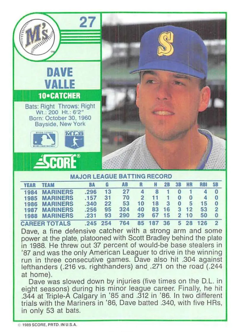 1989 Score #27 Dave Valle NM-MT Seattle Mariners Baseball Card - Baseball Card Single