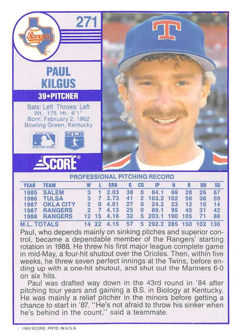 1989 Score #271 Paul Kilgus NM-MT Texas Rangers Baseball Card - Baseball Card Single