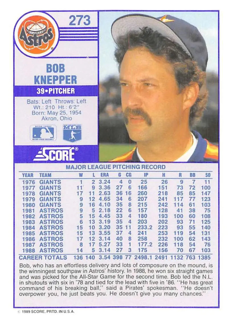 1989 Score #273 Bob Knepper NM-MT Houston Astros Baseball Card - Baseball Card Single
