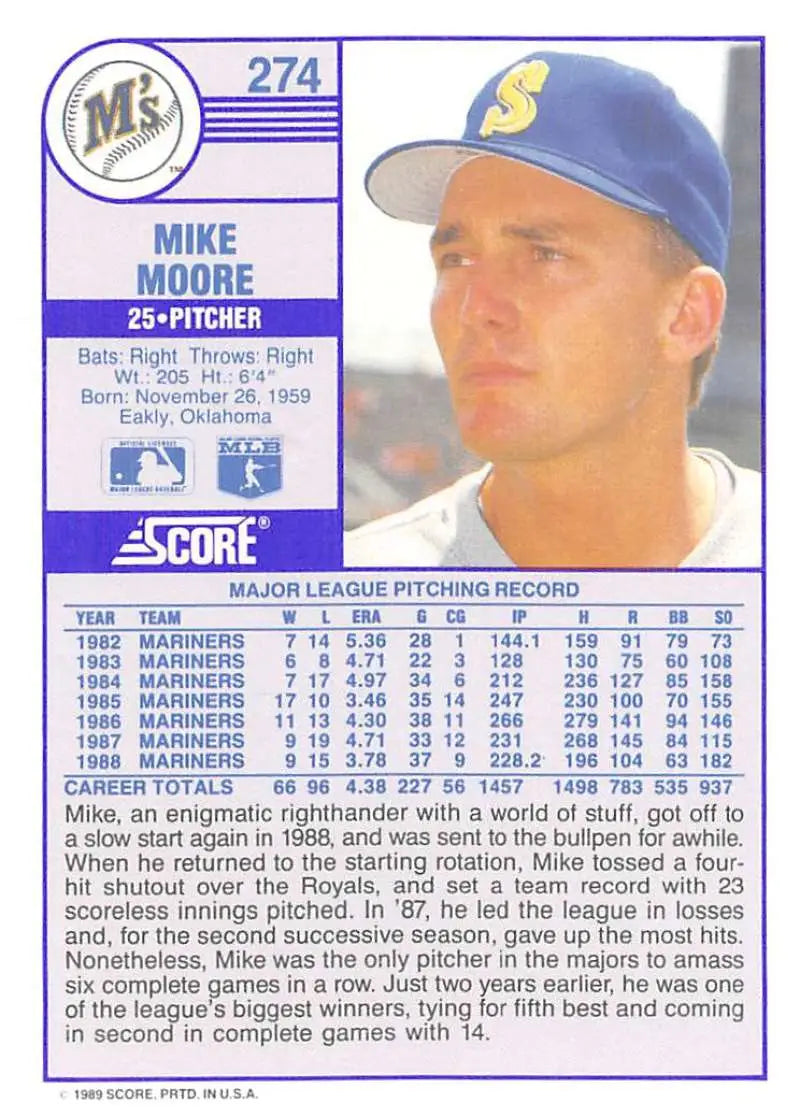 1989 Score #274 Mike Moore NM-MT Seattle Mariners Baseball Card - Baseball Card Single